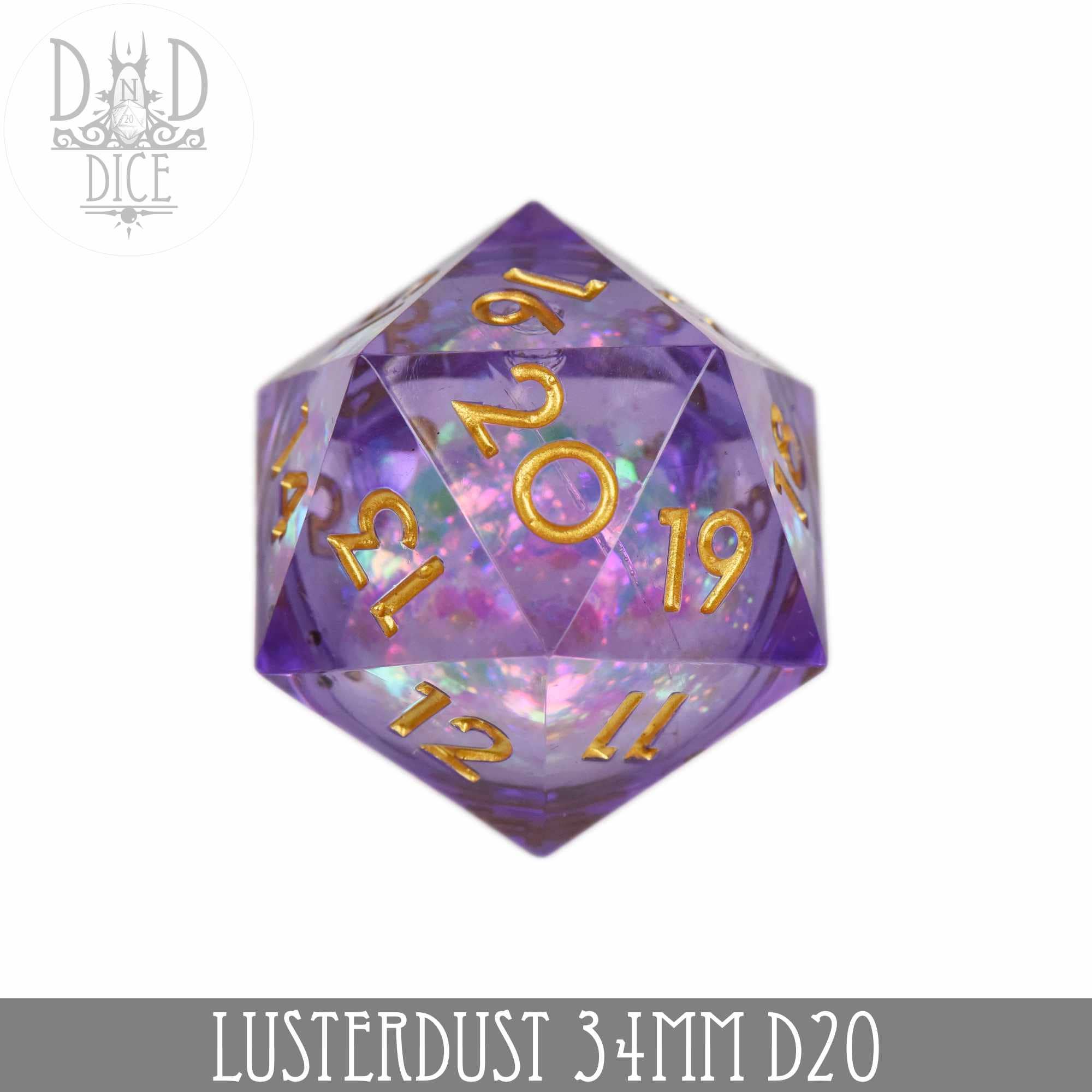 Purple glittery 34mm Lusterdust liquid core d20 die with gold numbers and countdown feature.