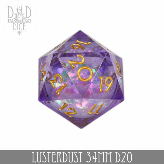 Purple glittery 34mm Lusterdust liquid core d20 die with gold numbers and countdown feature.