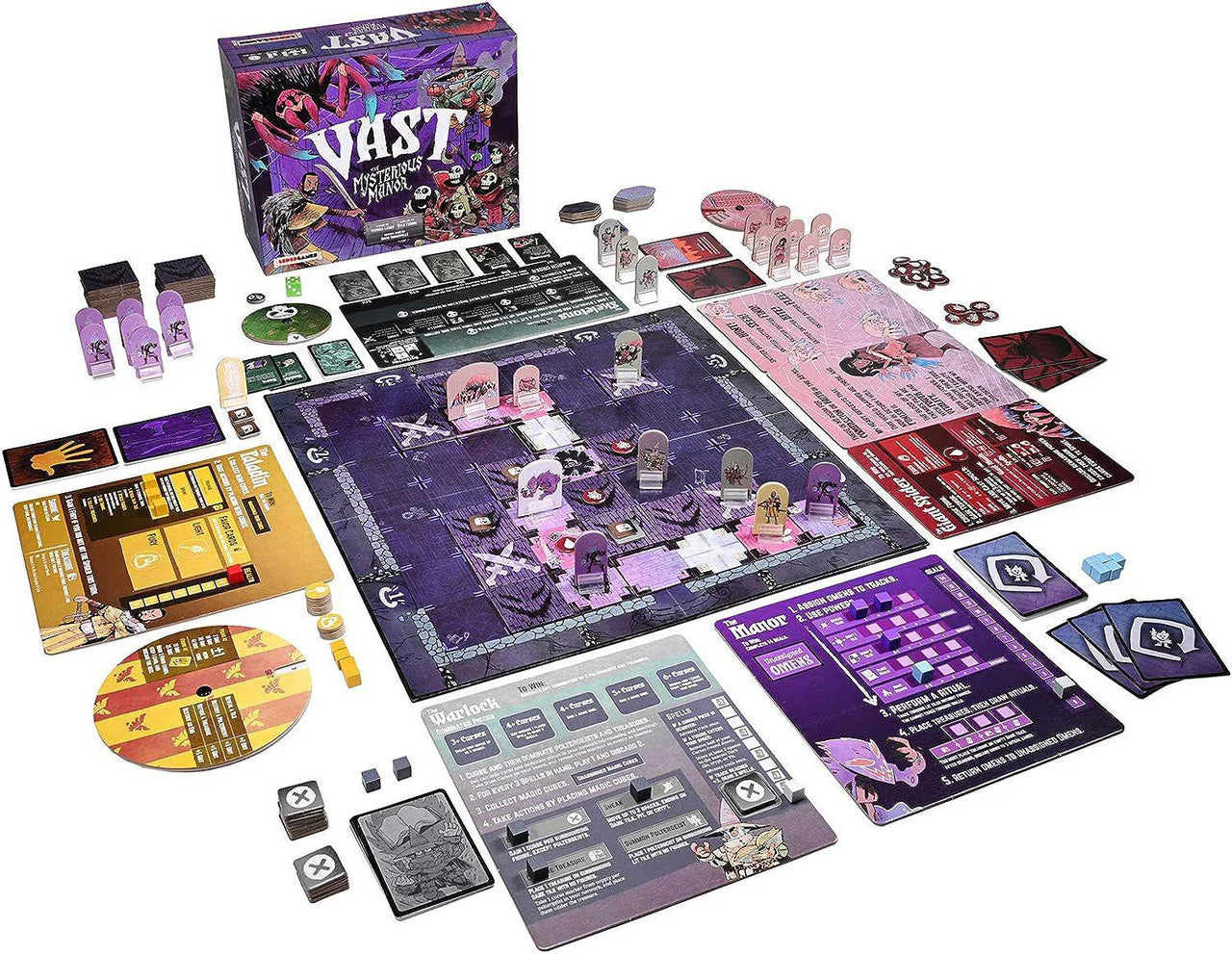 Vast The Mysterious Manor board game with cards, tokens, dice, and box.