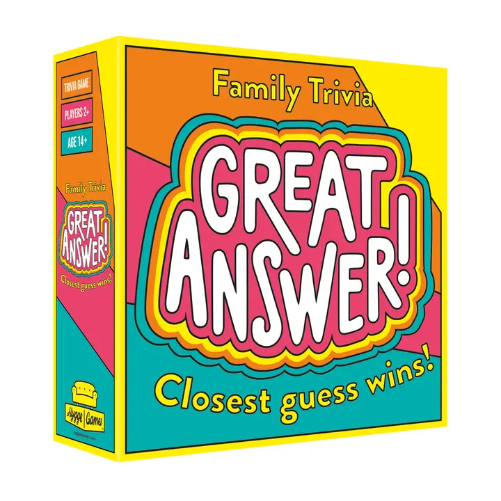 Great Answer board game box with colorful fonts; guessing game where the closest answer wins.