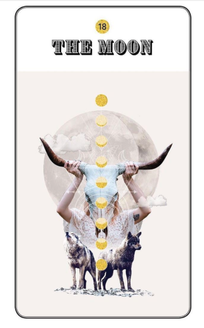 The Gold Lyre Tarot Moon card featuring a skull, wolves, golden moons, and a full moon.