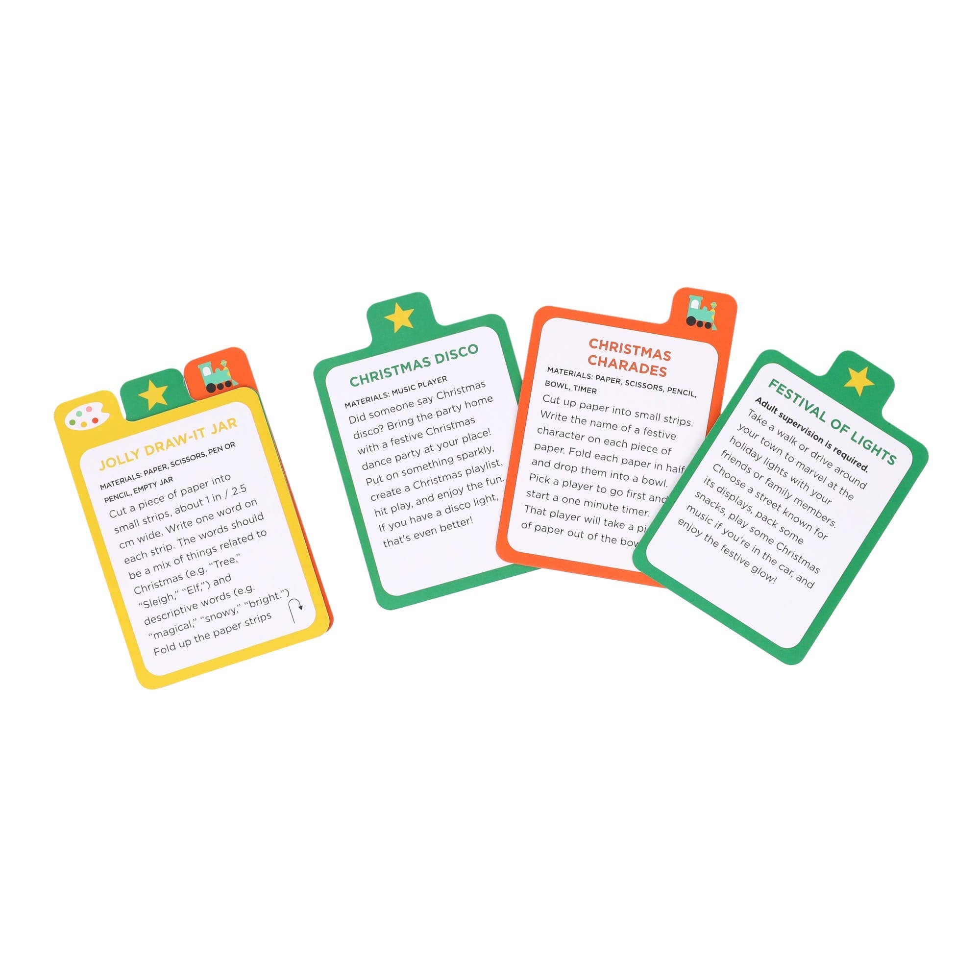 Busy Ideas for Bored Kids: Christmas Edition, set of four cards with festive crafts and screen-free games for children.