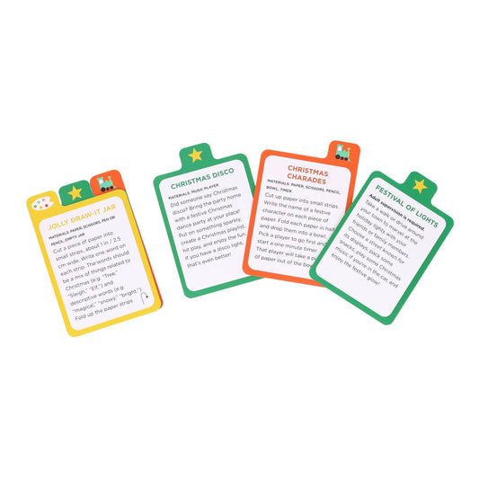 Busy Ideas for Bored Kids: Christmas Edition, set of four cards with festive crafts and screen-free games for children.