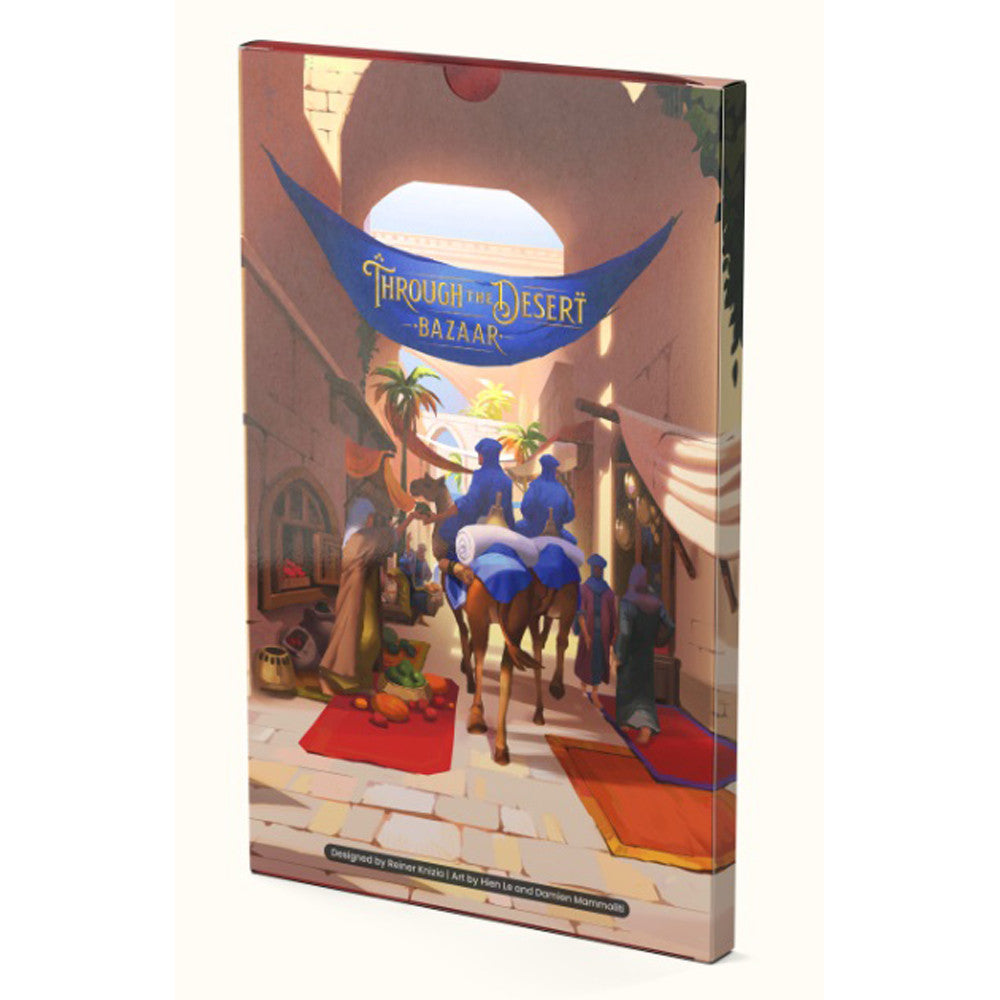 Through the Desert Bazaar Expansion box with traders, camels, and modular board game components.