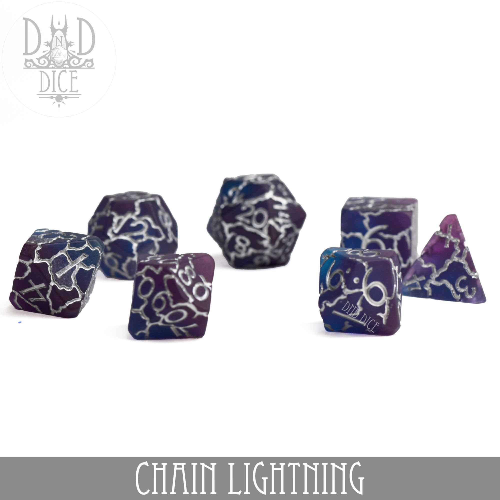 Chain Lightning dice set in purple and blue marbled resin with white lightning patterns.