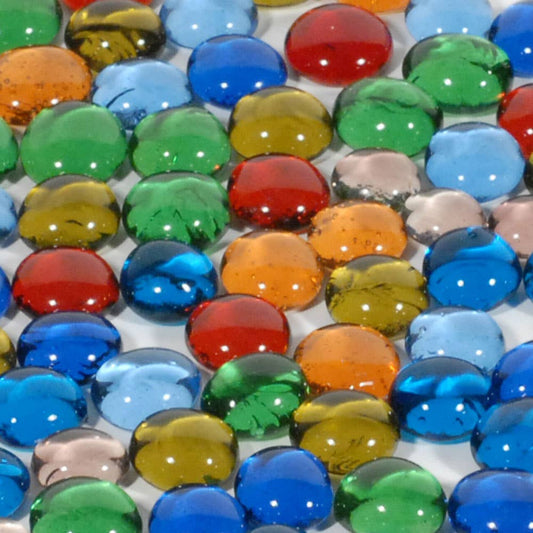 Replacement glass Mancala stones in red, blue, green, orange, yellow, and clear on a white surface.