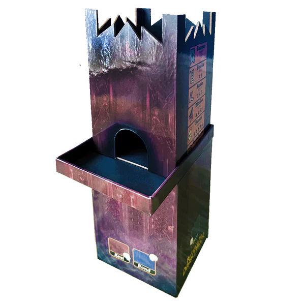 Purple castle-shaped dice roller with dark grey tray for Return to the Dark Tower: The Player Tower RPG.