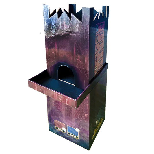 Purple castle-shaped dice roller with dark grey tray for Return to the Dark Tower: The Player Tower RPG.