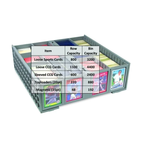 Gray Collectible Card Bin 3200 with stackable design and labeled chart; holds up to 3,200 trading cards.