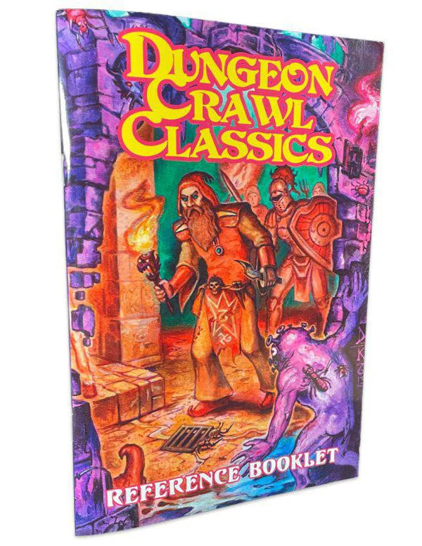 Dungeon Crawl Classics Reference Booklet by Goodman Games. Cover shows adventurers with a torch exploring a dungeon.