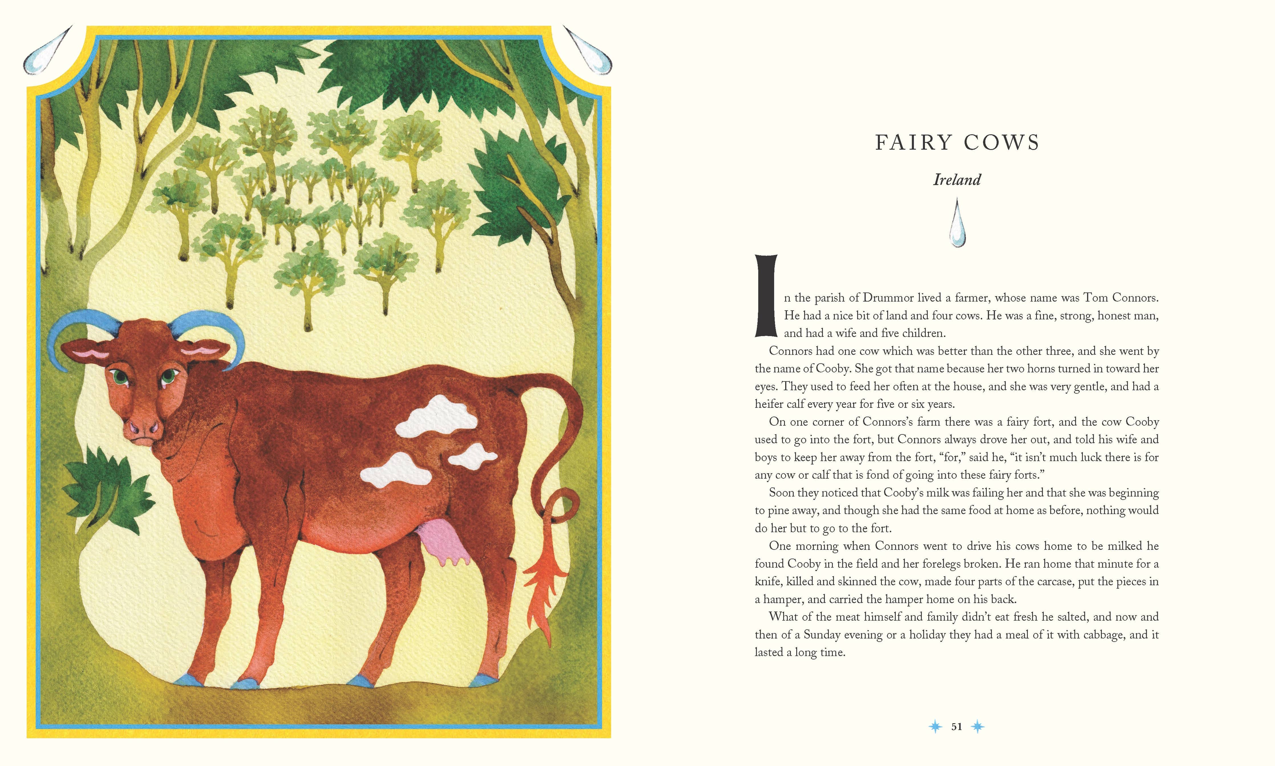 Brown cow with blue horns standing in a forest.