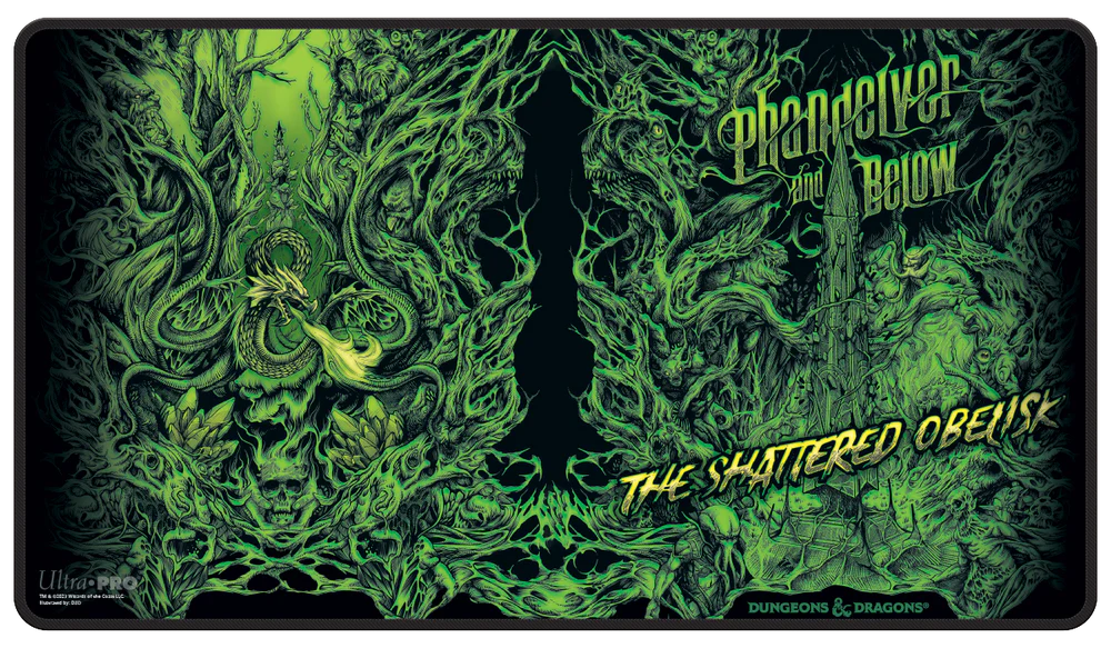 Phandelver and Below The Shattered Obelisk Black Stitched Playmat with green skull, snakes, and twisted trees artwork.
