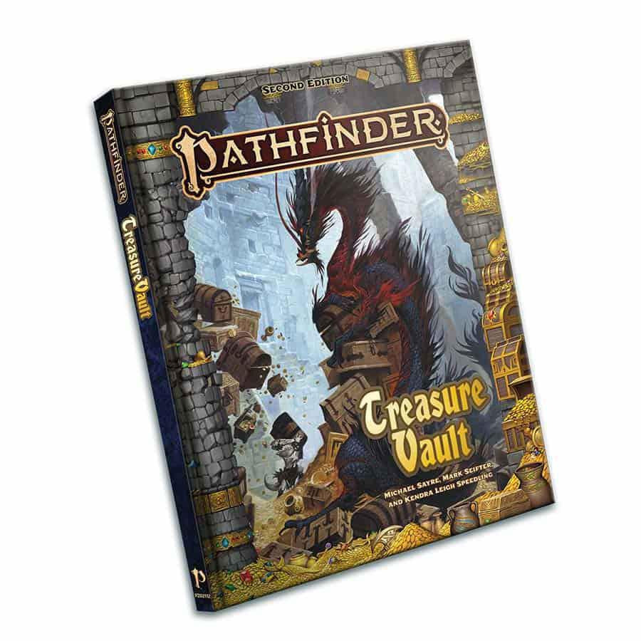 Pathfinder 2E: Treasure Vault cover showing a dragon with gold, magic items, and RPG gear in a stone vault.