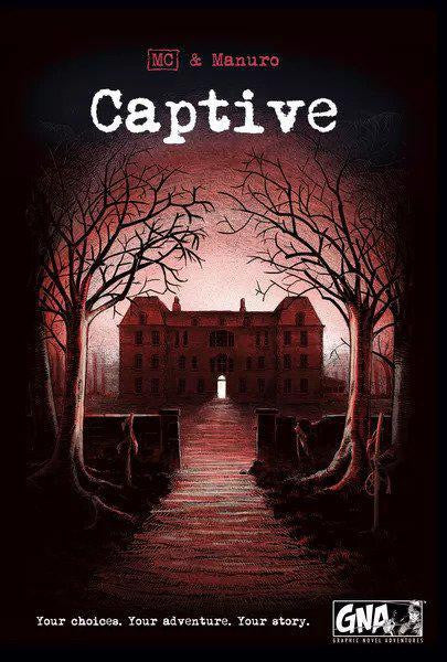Captive gamebook cover featuring a mansion with leafless trees and a lit doorway.