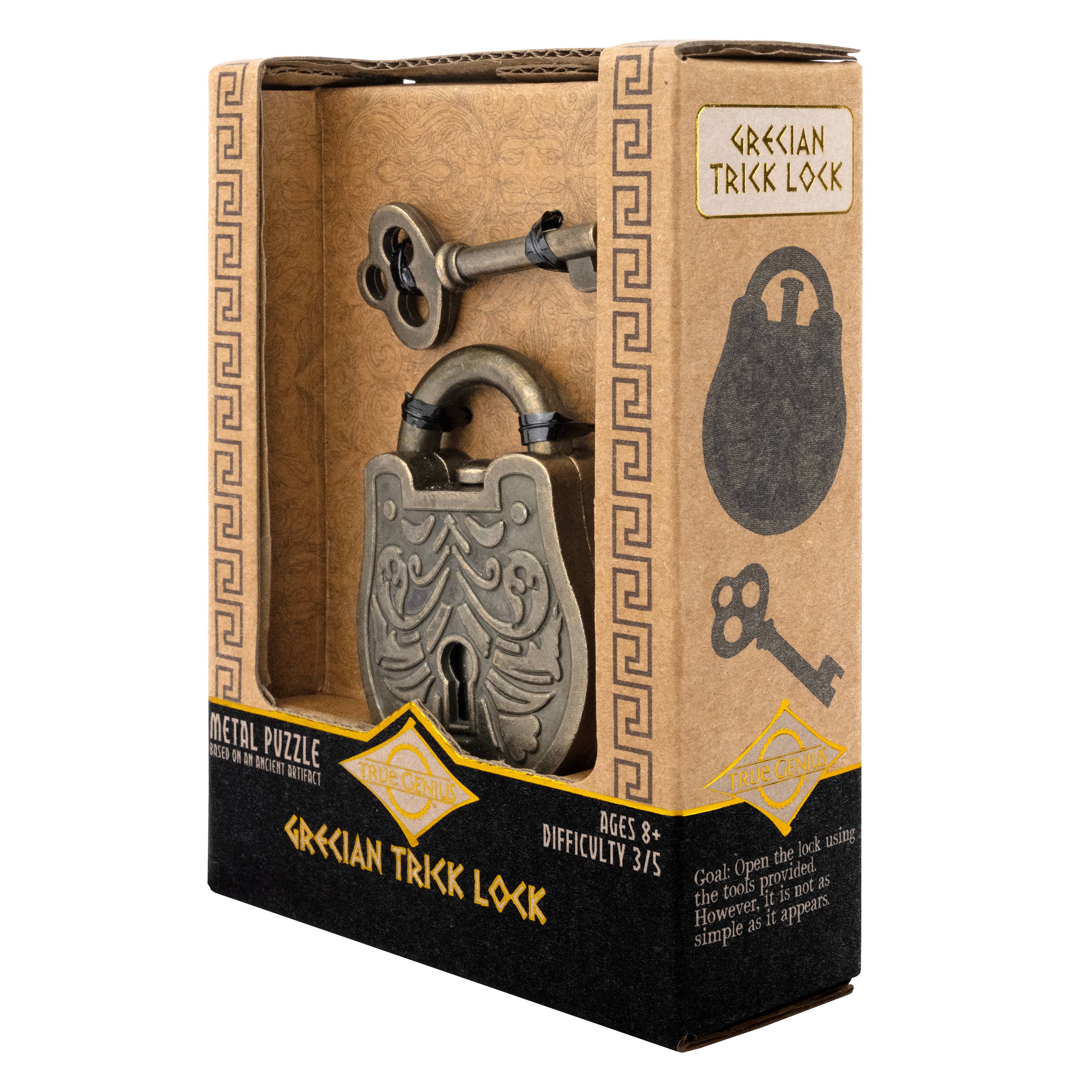 The True Genius Greek Trick Lock Puzzle, Grecian padlock puzzle with key in gift packaging. Difficulty level 3 out of 5.