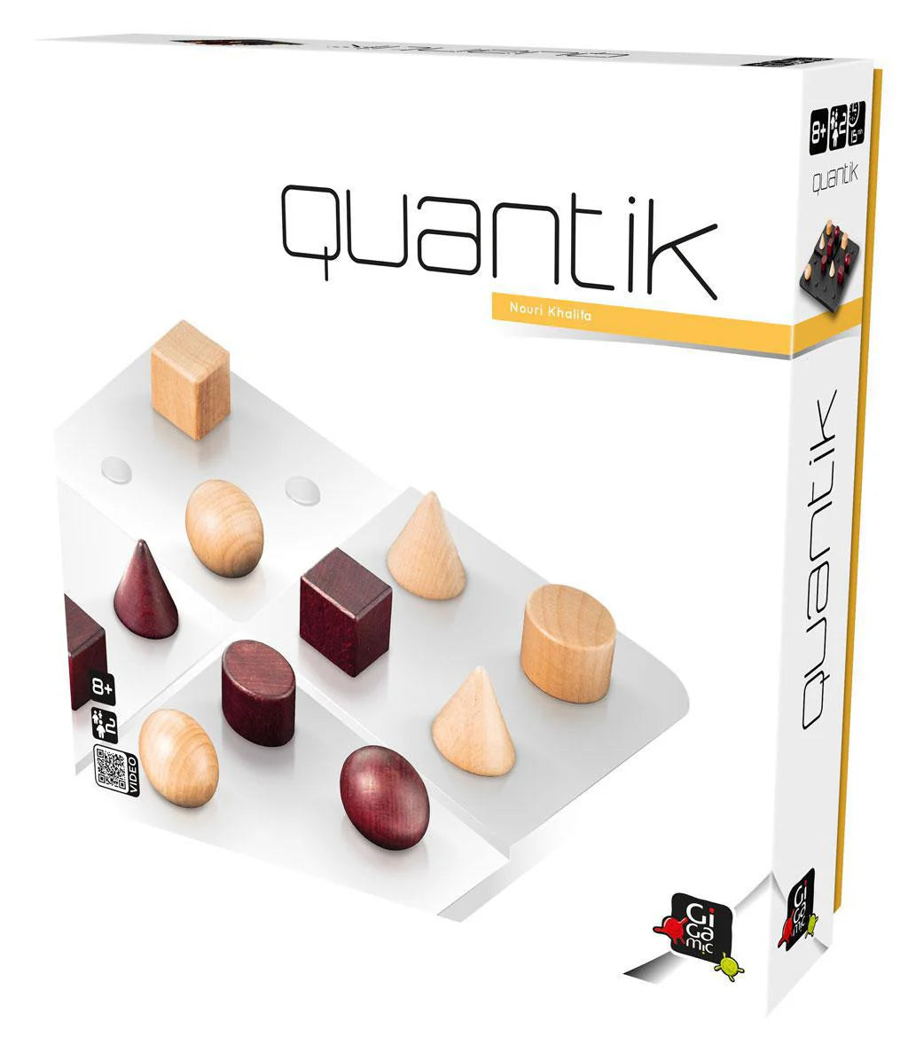 Quantik board game with wooden geometric pieces on a white board.