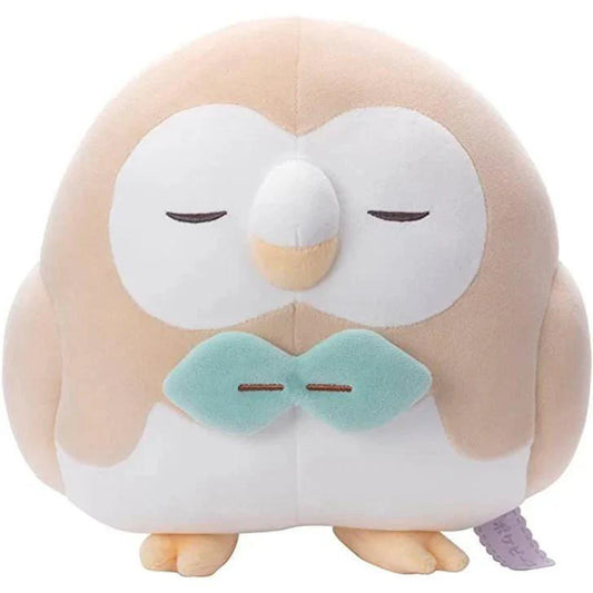 Rowlet Plush Pokemon Poke Peace featuring closed eyes and a teal bowtie, designed to resemble Rowlet.