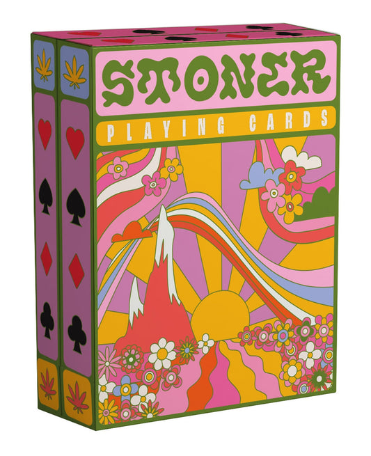 Stoner Playing Cards box featuring psychedelic sun, mountains, flowers, and rainbow design.