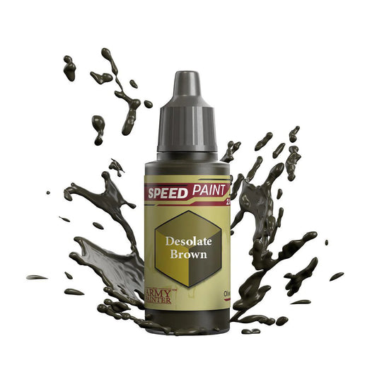 Army Painter Speedpaint Desolate Brown bottle with brown paint splashing, intended for miniatures.