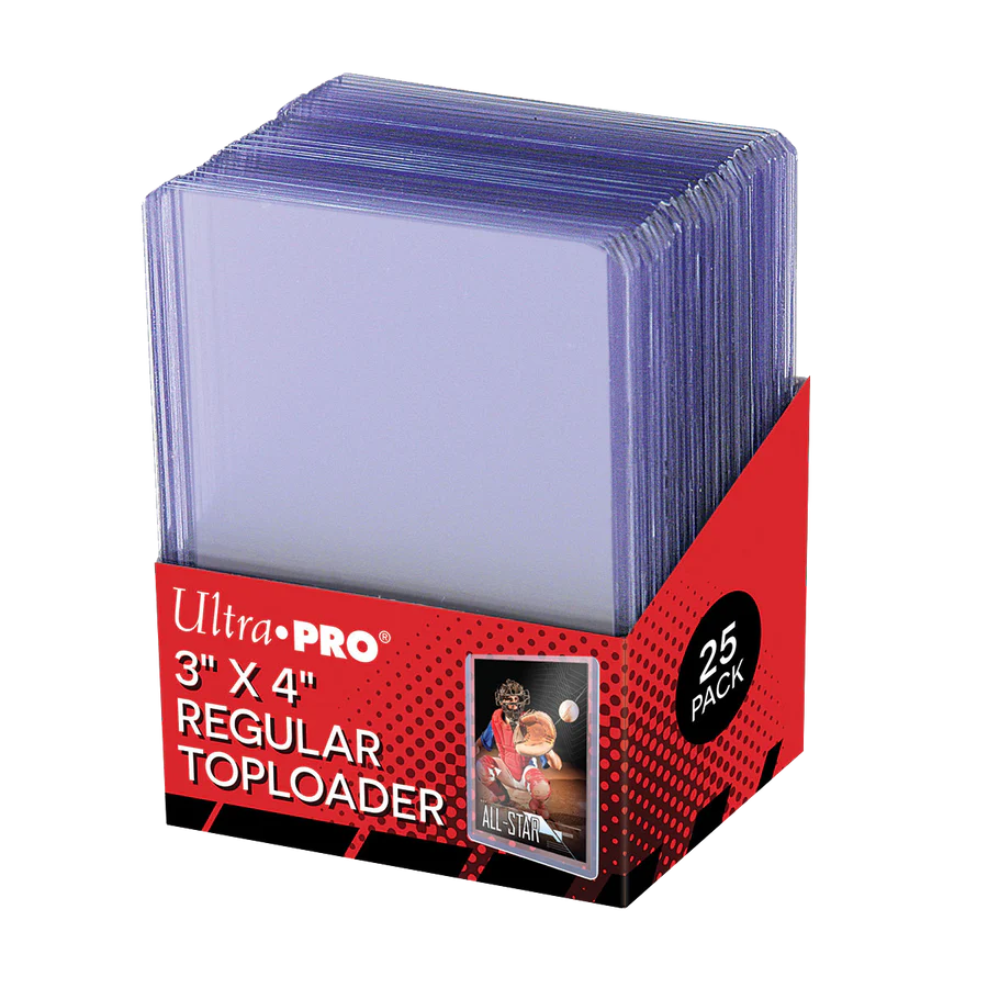 25-pack ULTRAPRO 3x4 Regular Standard Card Toploaders for trading cards, red and black box shown.