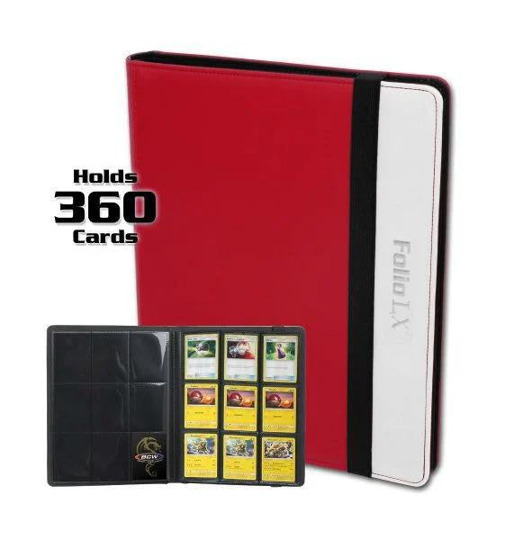 Folio 9-Pocket LX Album, red and white with black strap, open to a 9-pocket page; capacity 360 cards.