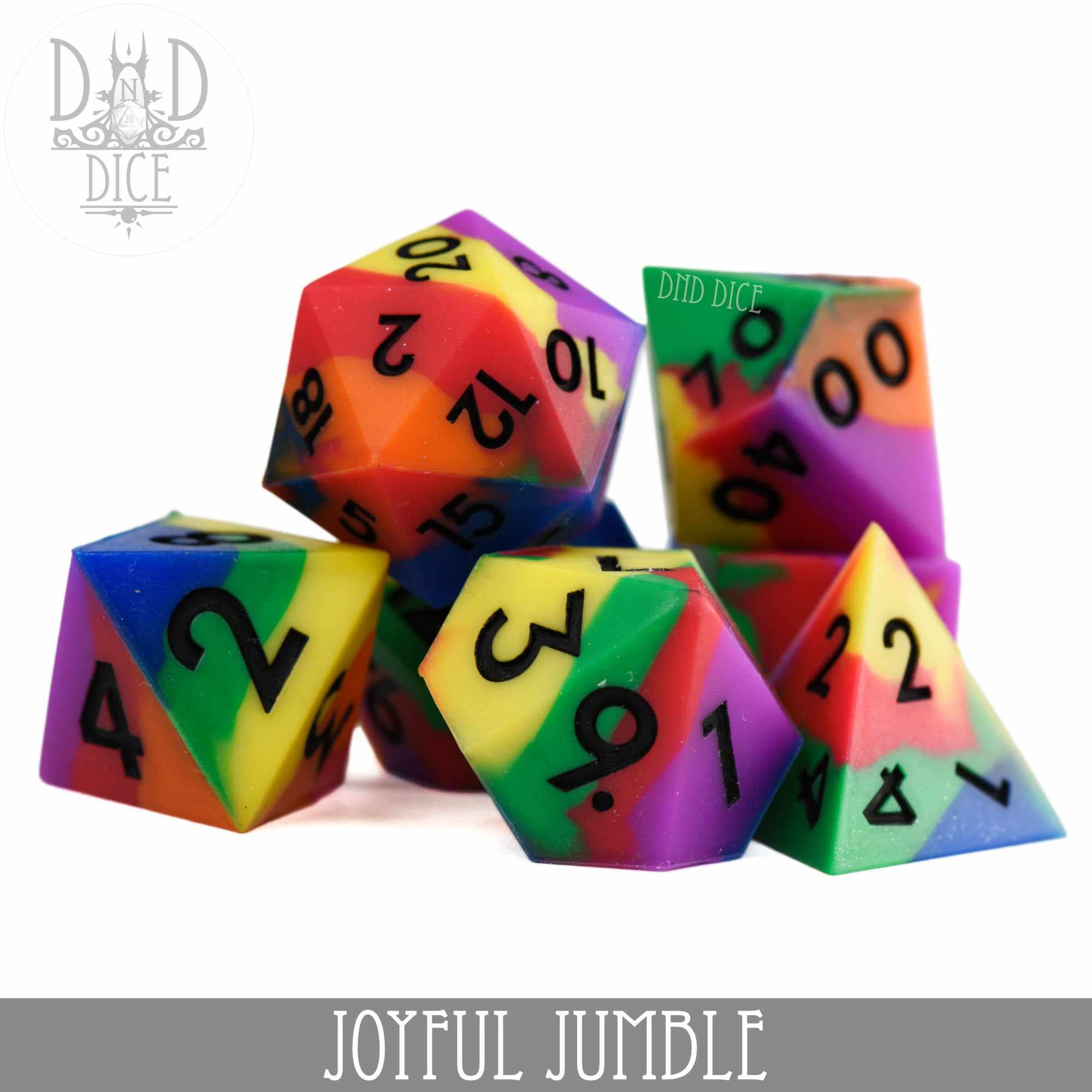 Joyful Jumble (Silicone) rainbow-swirl 7 dice set with black numbers and the set name shown at the bottom.