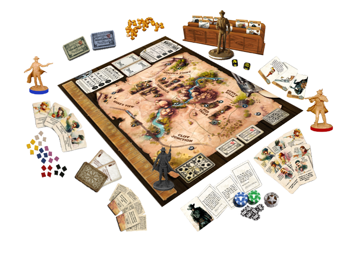 Western Legends board game with cards, tokens, dice, character figures, and game board.