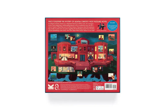 Back of World of Agatha Christie: And Then There Were None Puzzle with red house cutaway and room scenes.