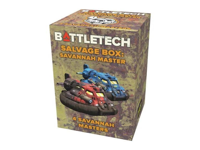 BattleTech: Salvage Box Savannah Master Display containing 9 boxes, each featuring four hovercraft miniatures.