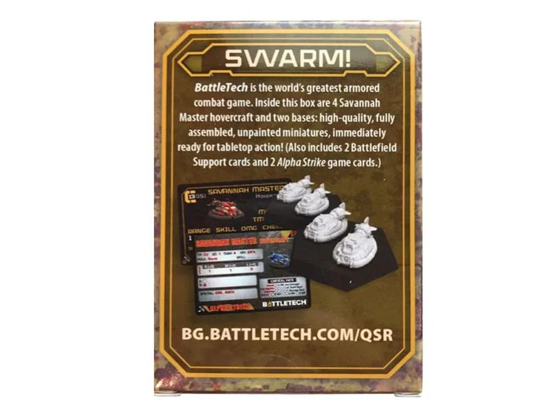 Back of BattleTech: Salvage Box Savannah Master Display of 9 with hovercraft miniatures, cards, and SWARM components.