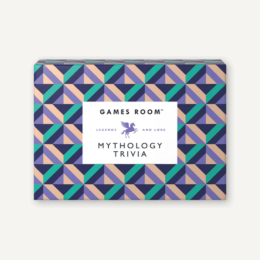 Mythology Trivia boxed game with geometric blue, purple, and gold lid.