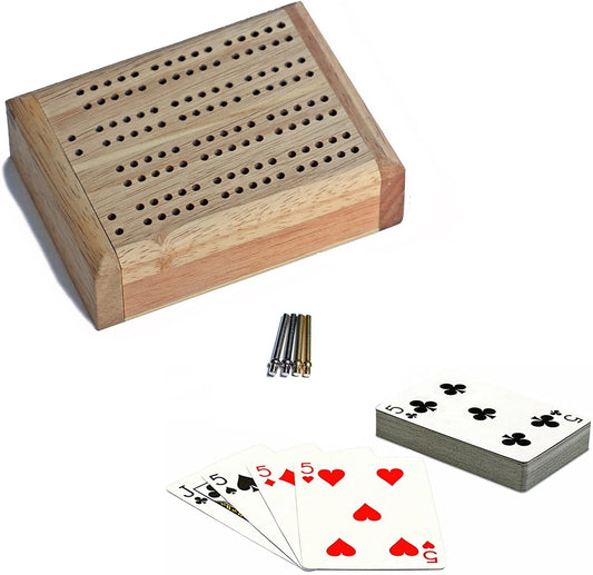 Mini Travel Cribbage Set - Wood, 2 Track with metal pegs and playing cards.