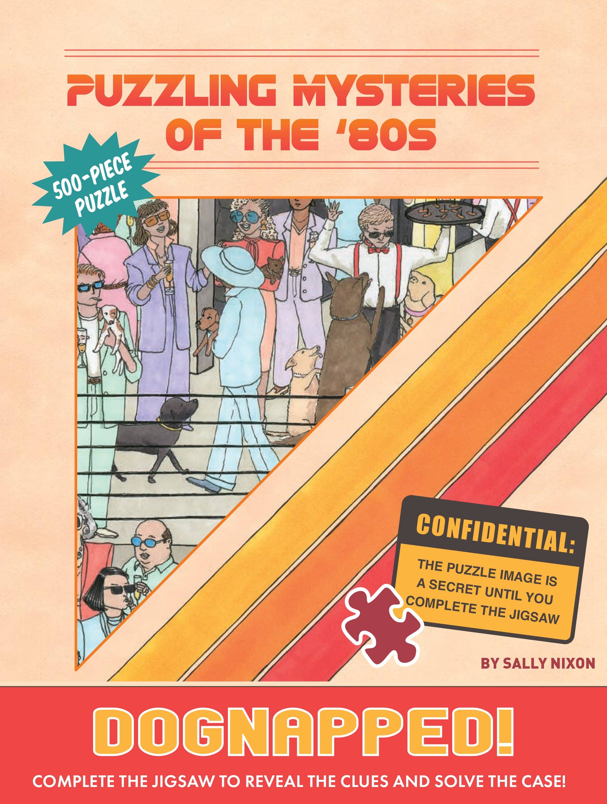 Mysteries of the 80s Dognapped 500-piece puzzle game featuring bold fonts and a park whodunnit scene.