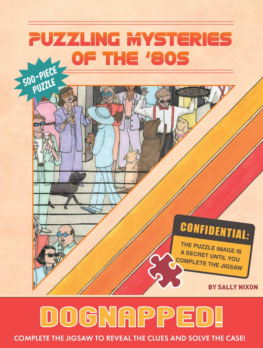 Mysteries of the 80s Dognapped 500-piece puzzle game featuring bold fonts and a park whodunnit scene.