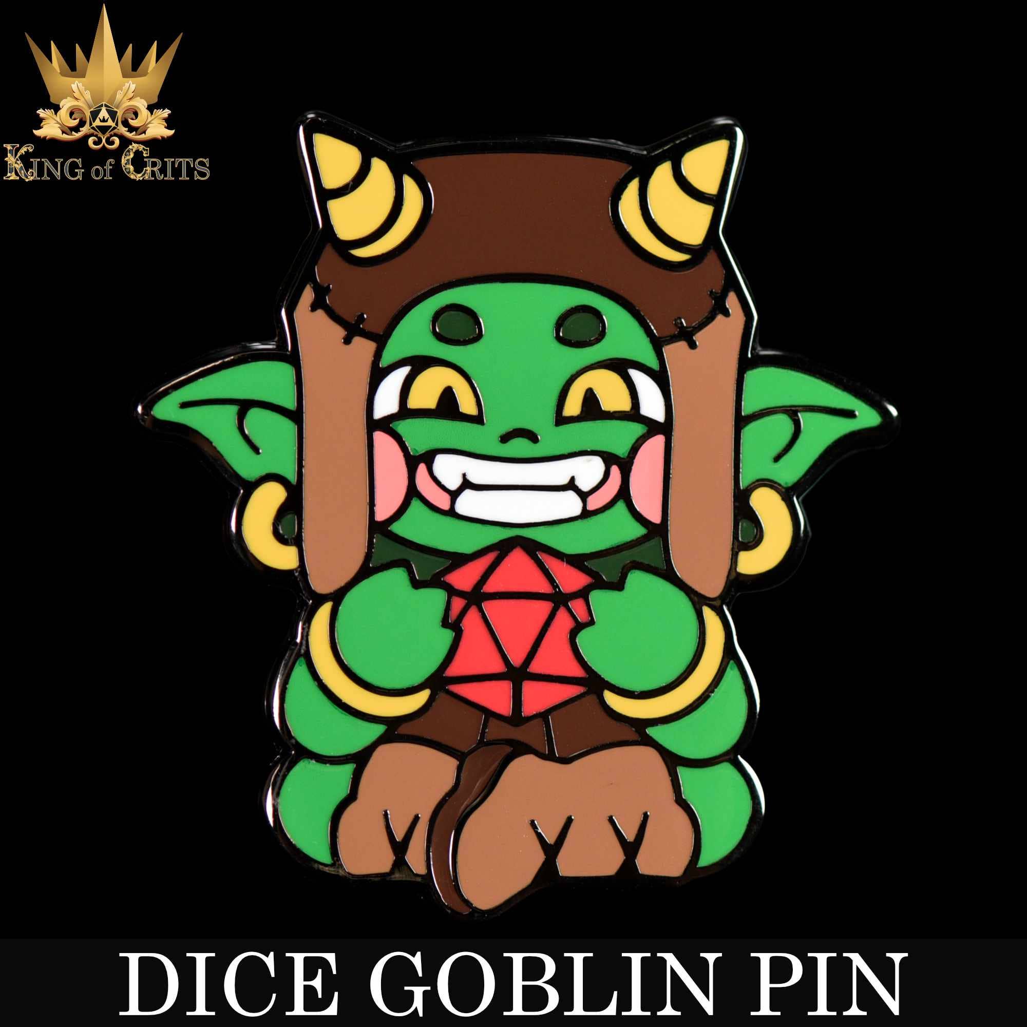 Dice Goblin enamel pin featuring a green goblin in a horned hat holding a red die. Text: DICE GOBLIN PIN.