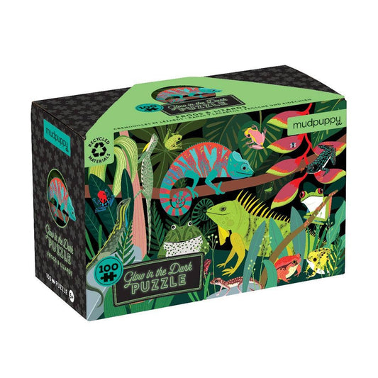 Mudpuppy Frogs & Lizards Glow in the Dark 100-piece puzzle featuring rainforest animals.