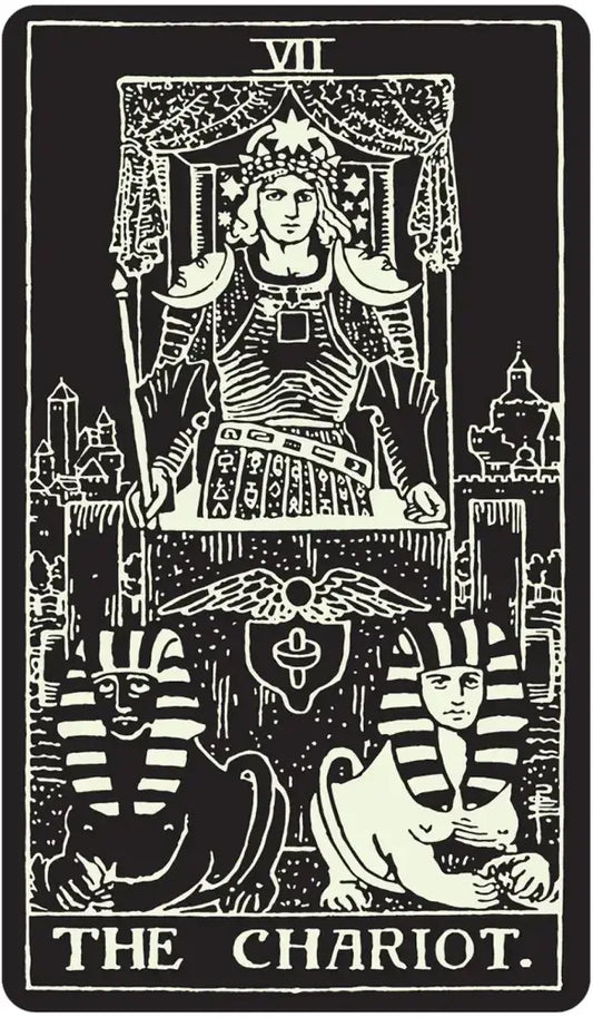 The Chariot, VII card from the Glow In The Dark Tarot deck shows a crowned figure in a chariot pulled by two sphinxes.