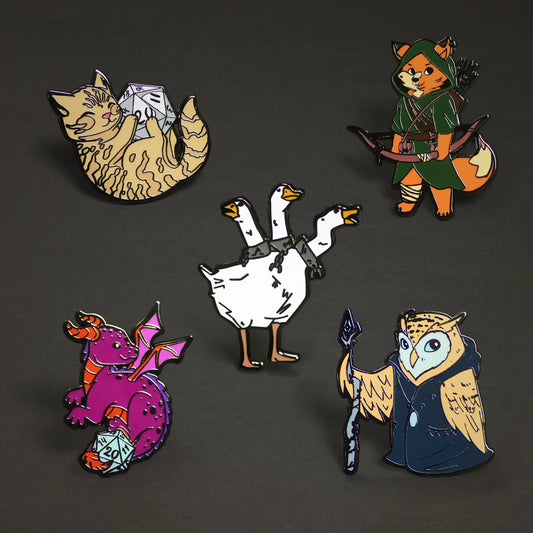 Set of five enamel pins: cat, fox, goose, dragon, and owl designed as D&D characters.