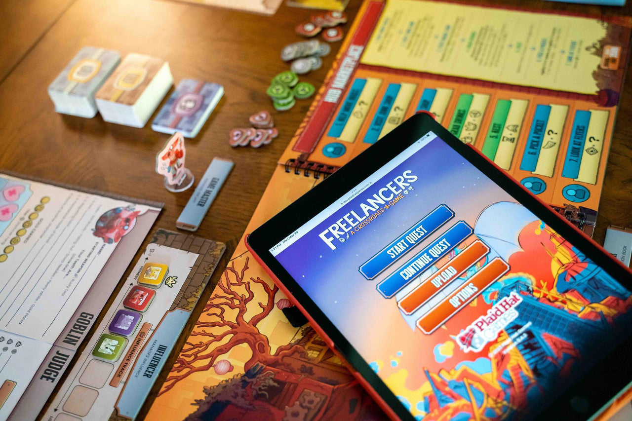 Tablet showing Freelancers: A Crossroads Game with board, cards, tokens, and character sheets.