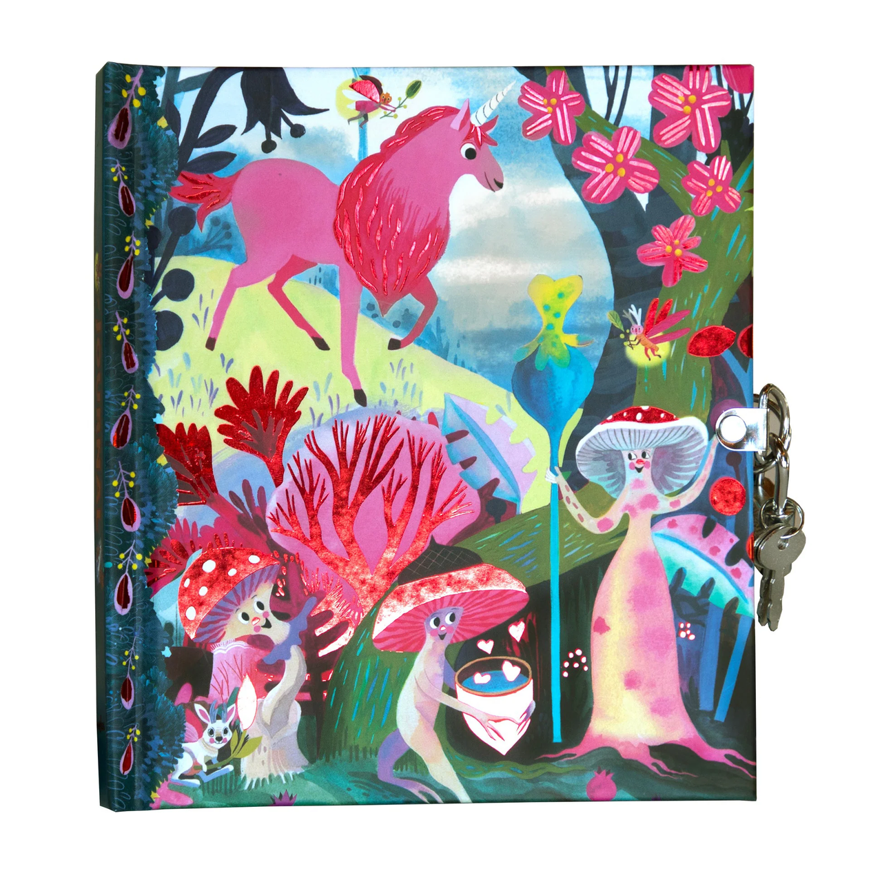 Magical Creatures Journal with foil-stamped cover, lock and key, unicorn and mushroom illustrations.