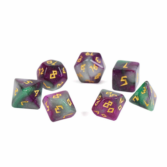 7-piece DND dice set with swirled green, purple, and clear acrylic and gold numbers.