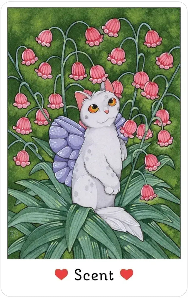 Fairy Cats Deck and Book Set, “Scent” card featuring a white cat with purple wings among pink flowers.