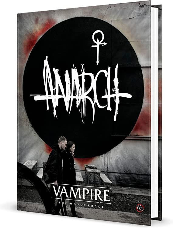 Vampire The Masquerade: Anarch Sourcebook cover showing two people in front of a large black circle.