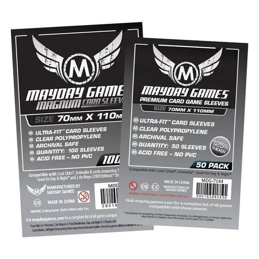Mayday Games 70mm x 110mm card sleeves, two 100-pack sets with visible product details and specifications.