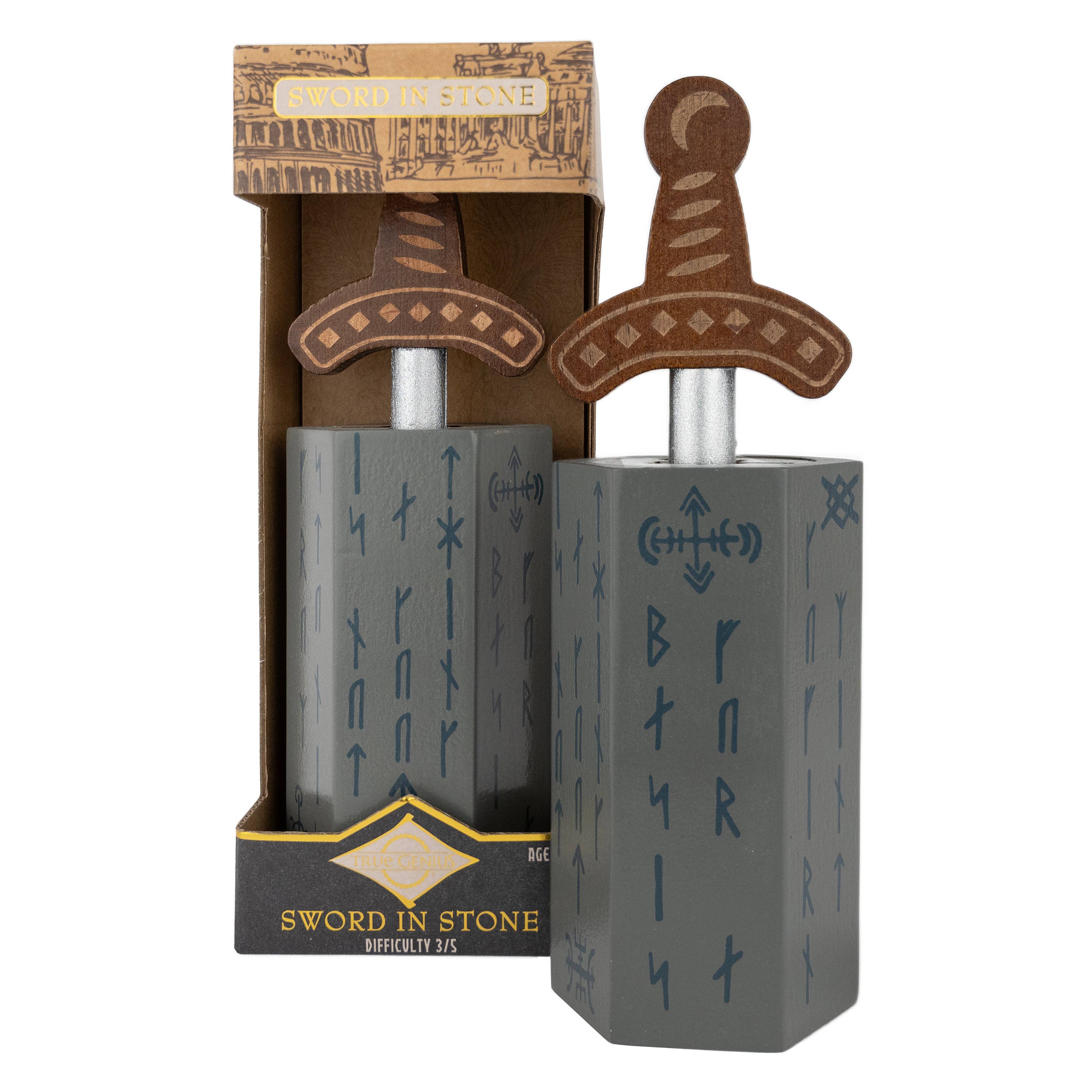 True Genius Sword in the Stone Puzzle with toy sword inserted into gray rune block; packaging in background.