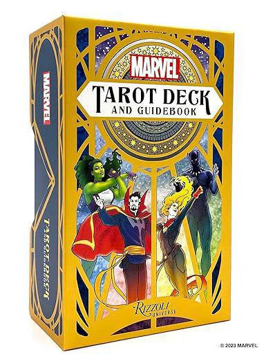 Marvel Tarot Deck and Guidebook featuring Marvel character cards with gold accents.
