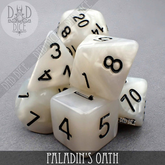Holy Order 7-piece white acrylic DND dice set with black numbers.