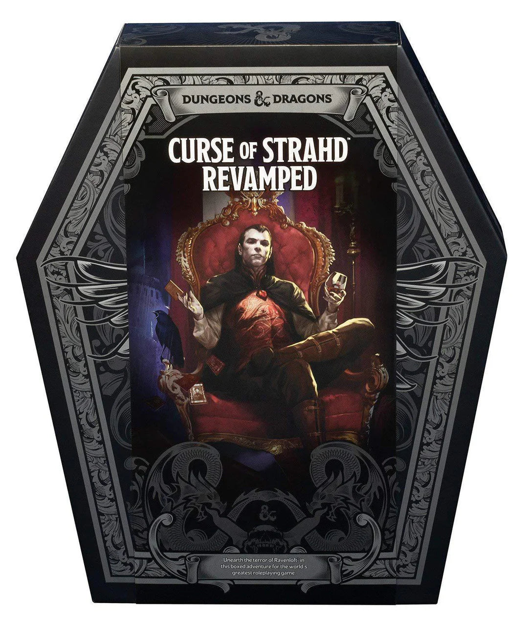 Curse of Strahd Revamped Premium Edition Coffin Set, D&D adventure with vampire on throne.