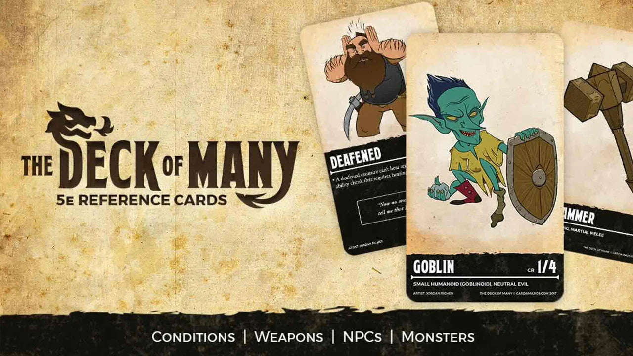 The Deck of Many Things 5E Reference Cards with illustrations for monsters, conditions, and weapons.