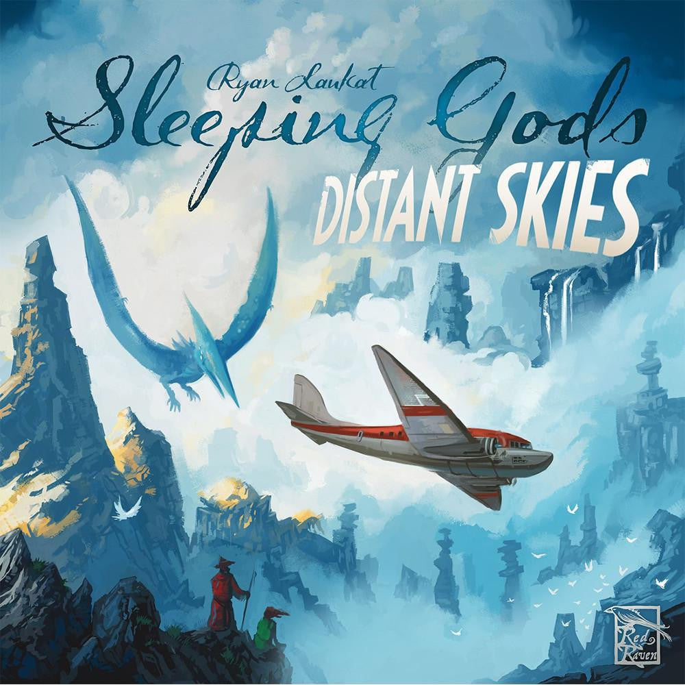 Sleeping Gods Distant Skies game featuring a plane and dragon above blue peaks.